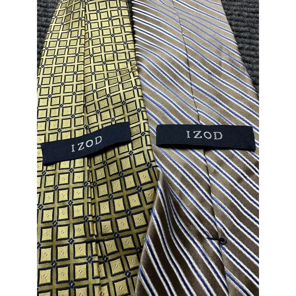 Izod Neckties‎ Lot of 3 Mens 100% Silk Green Gold Brown Geometric Stripe